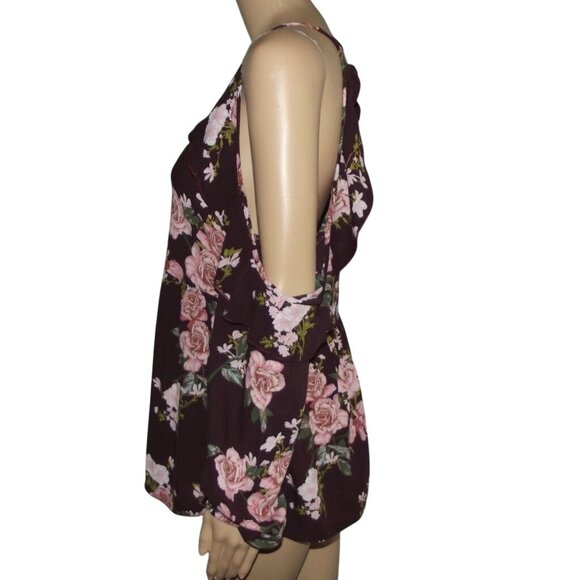 American Eagle Blouse Small Burgundy Wine Pink Floral off cold shoulder v-neck - Picture 9 of 14